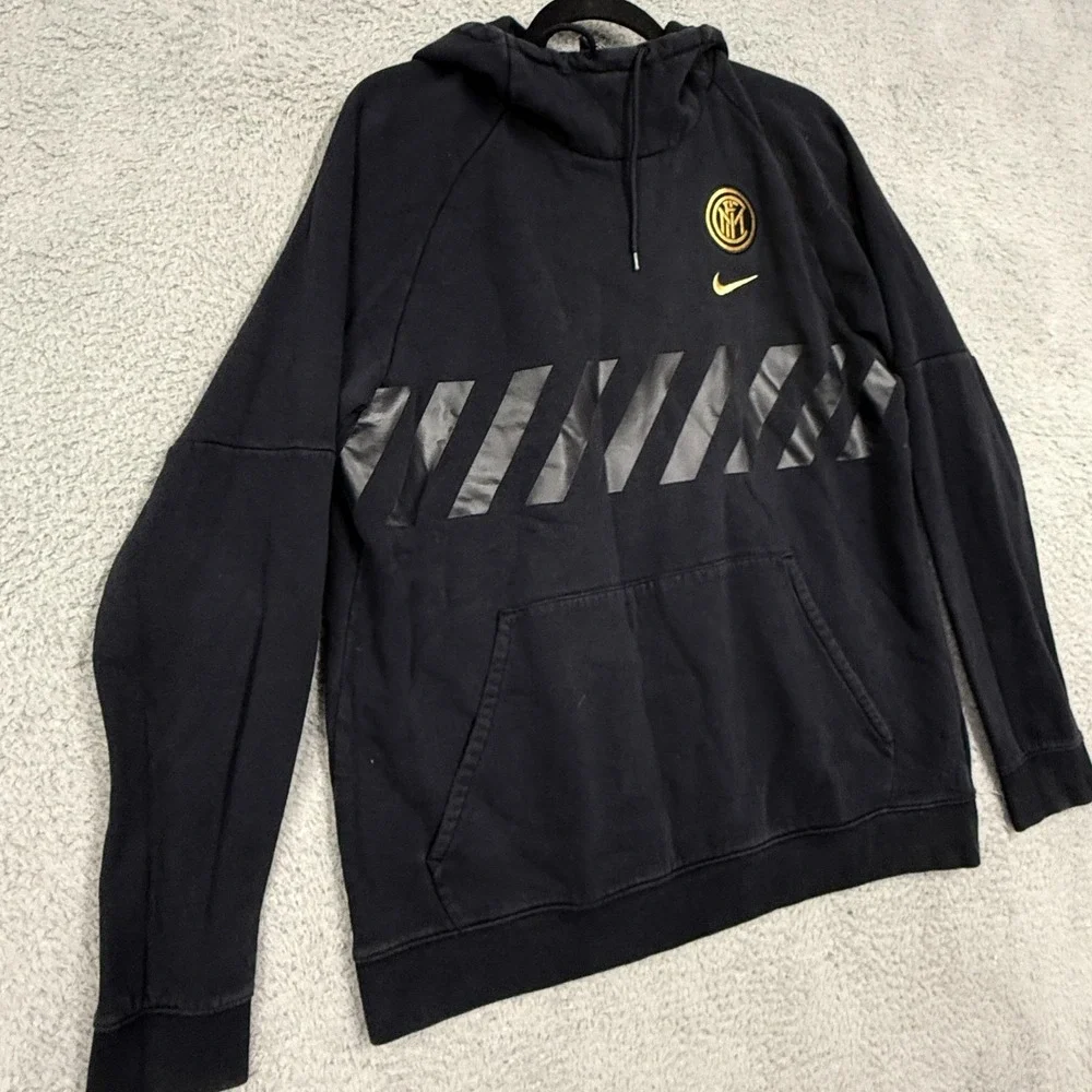 Inter Milan Hoodie Mens Large Black Gold Soccer Pullover Fleece Sweatshirt Nike‎